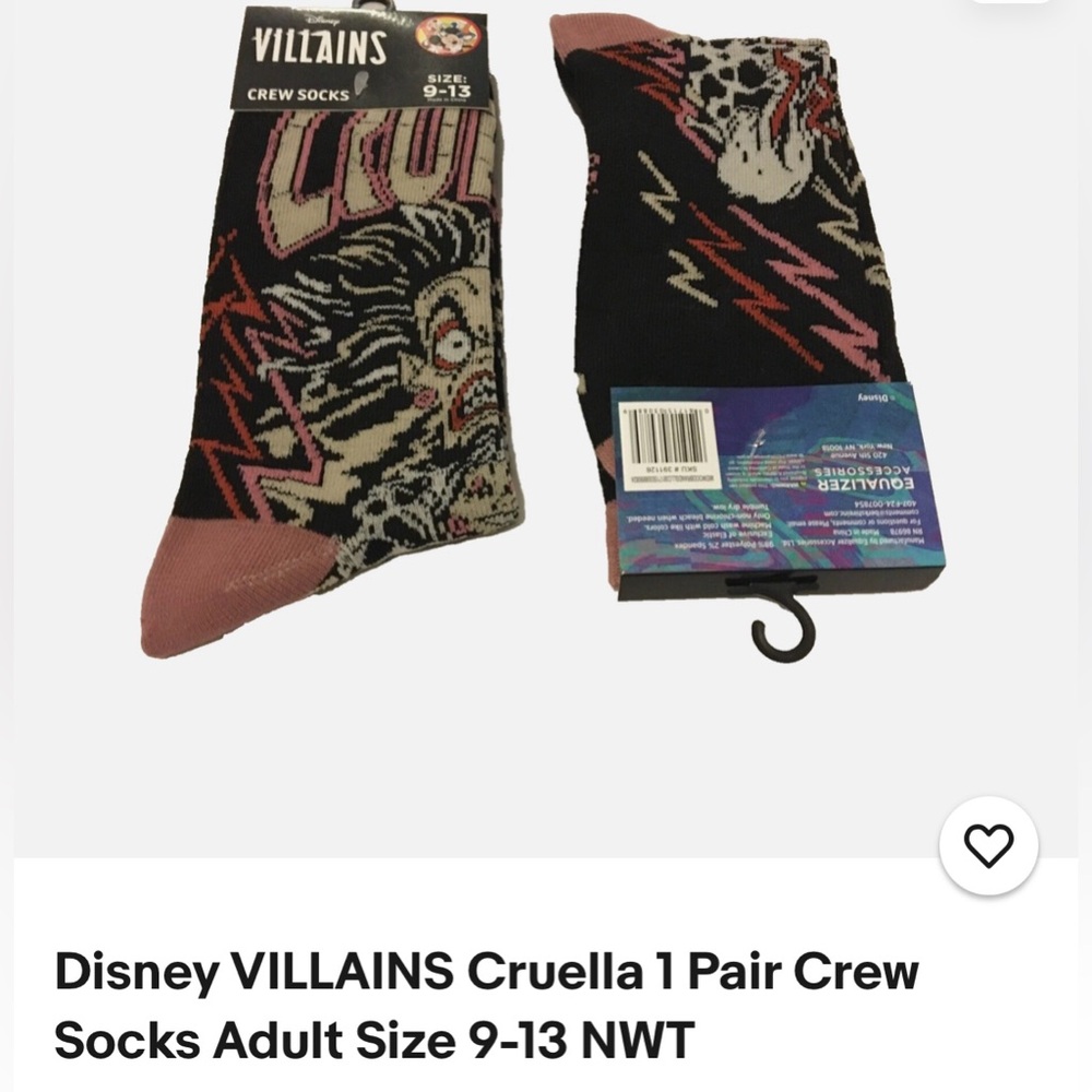 Disney Villian’s Series Cruella Deville Crew Socks - Black and Pink - Picture 2 of 8